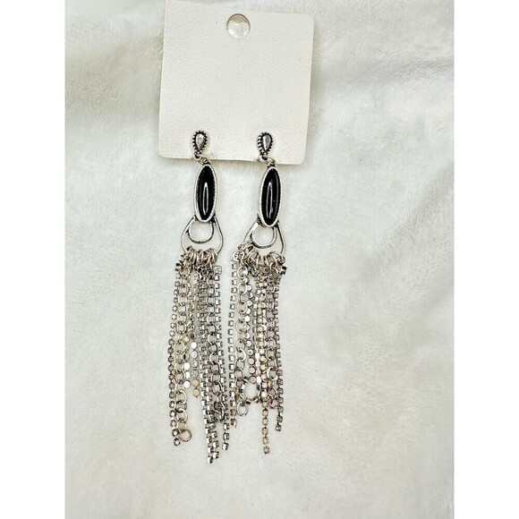 NEW Free People The Beat Goes On Dangle Earrings In Silver Black Chain Fringe - Picture 1 of 5